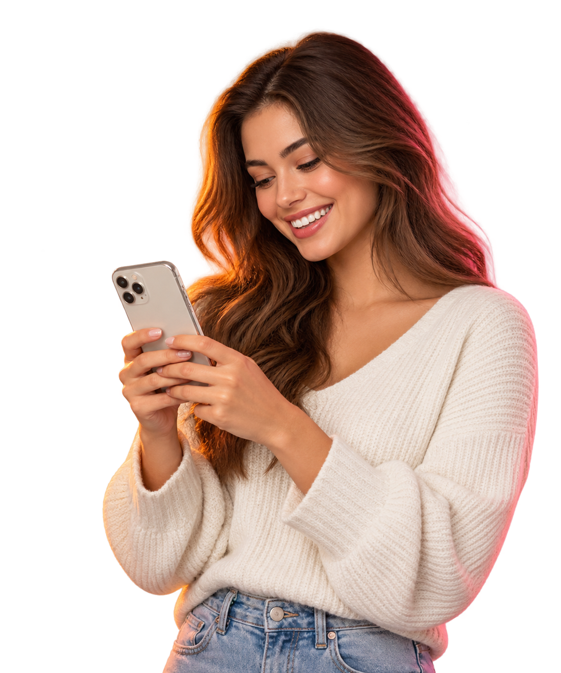 Persona sonriente usando un teléfono móvil